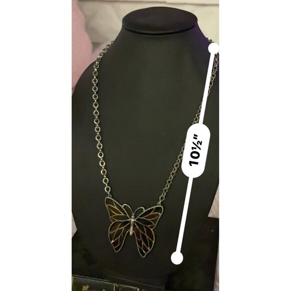 Silver Butterfly Suncatcher Necklace With Red & Green Stained Glass Design On Ch - Picture 9 of 12